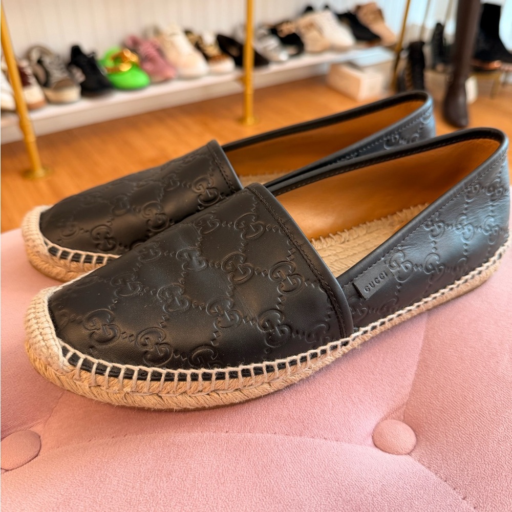 Gucci Embossed Black Leather Espadrilles
